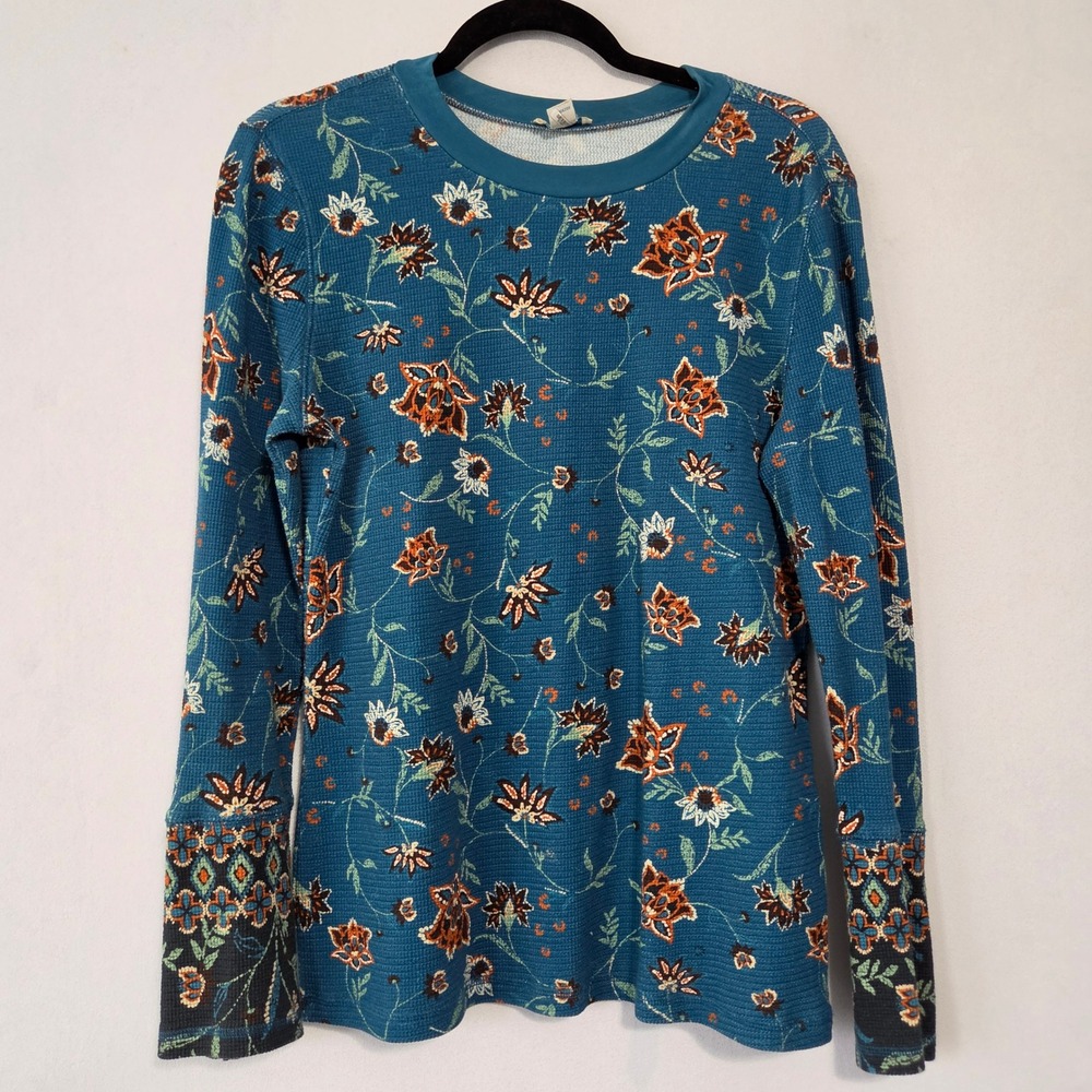 Sundance Thermal Top Womens L Blue Floral Waffle Knit Boho Layering Cottagecore